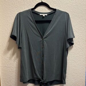 Green Button-Down V-Neck Top